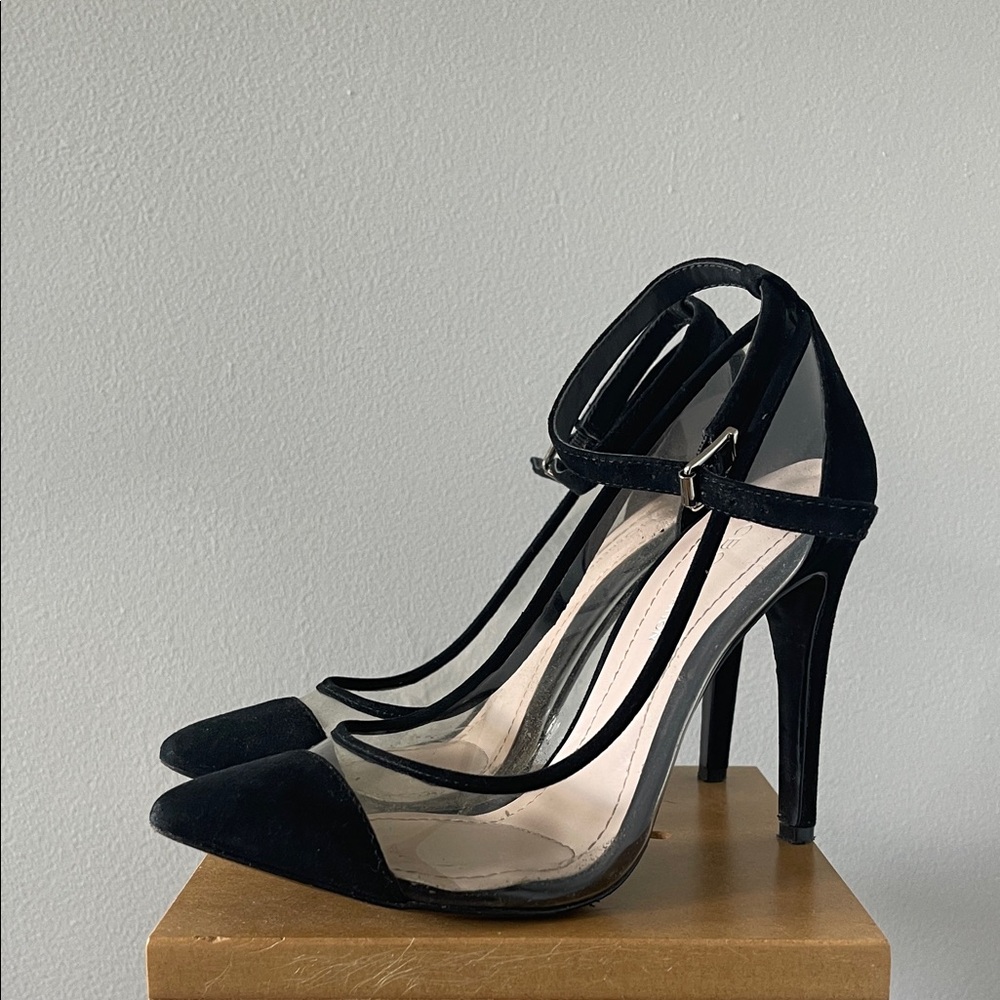 BCBGeneration Clear Black Strappy Heels